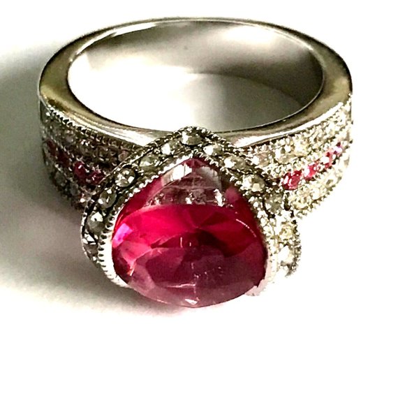 Pink Cubic Zirconia Art Deco Cocktail Ring Size 8 Statement Silver Plated - Picture 8 of 16
